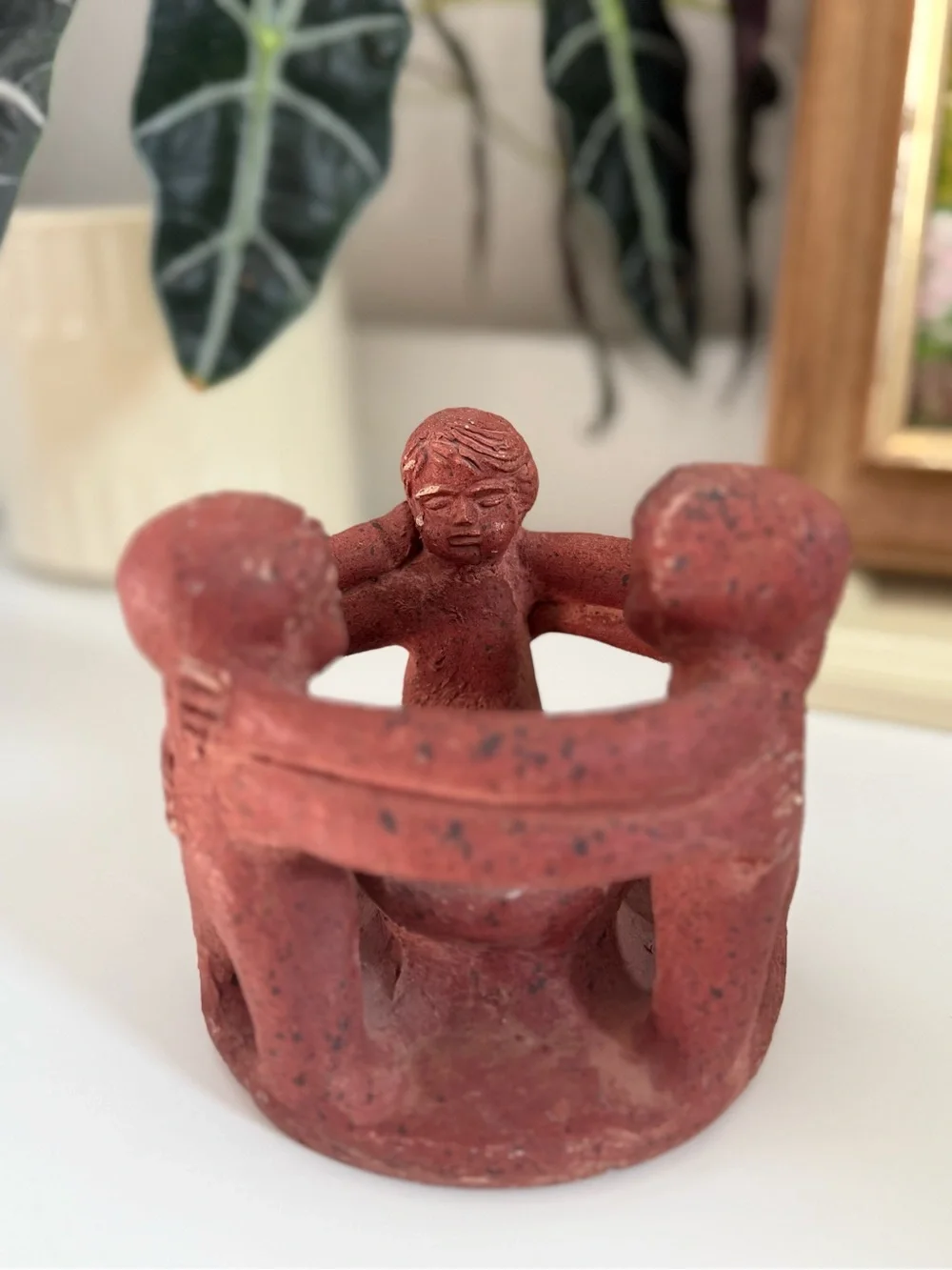 Vintage Red Terracotta Circle of Friends Three Figurine Candle Holder